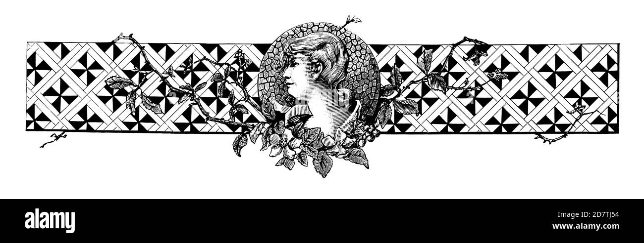 Bordo decorativo per pagina, incisione del 1878: medaglione a profilo di donna su una banda intrecciata con fiori pendenti. Campione Laurent & de Berny, Parigi. Foto Stock