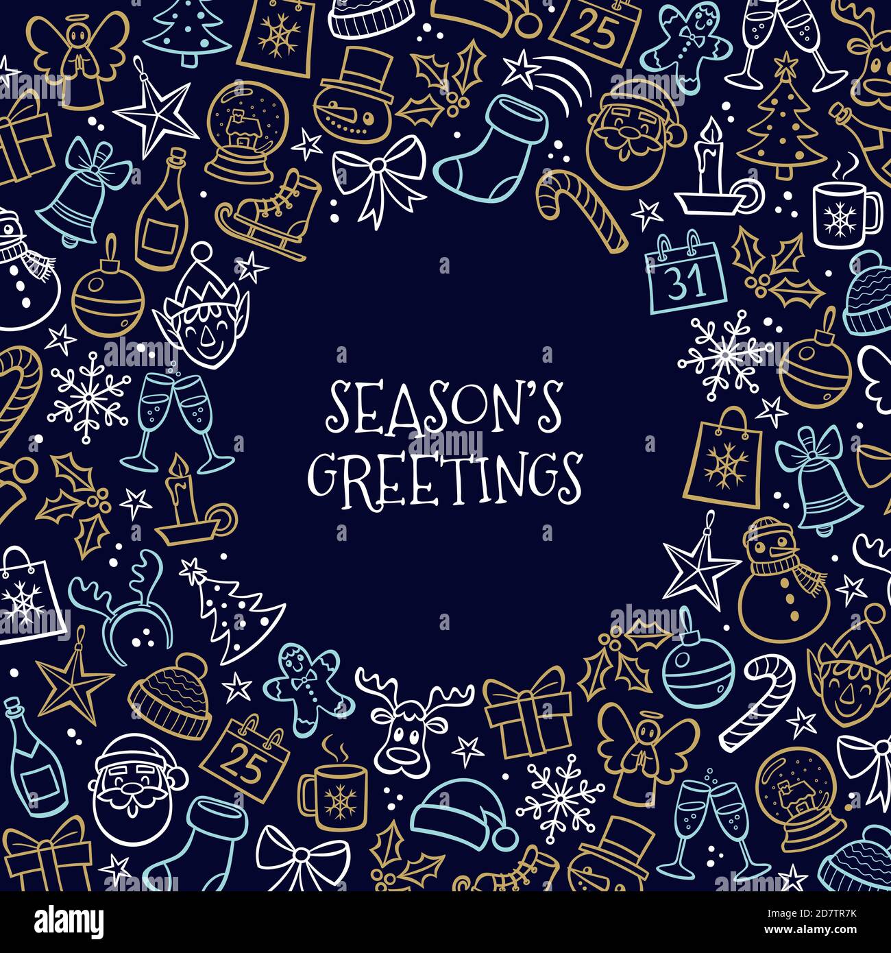 Biglietto d'auguri di Natale. Elementi di design isolati disegnati a mano e testo 'messaggio di saluto' al centro. Illustrazione vettoriale. Illustrazione Vettoriale