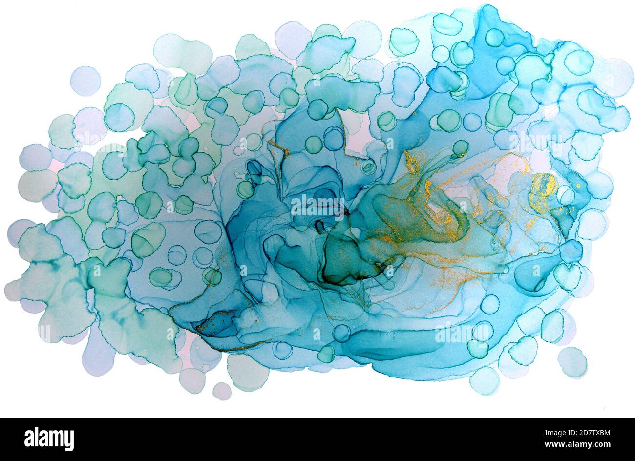 Gocce di acquerello blu trasparente disegnate a mano su sfondo bianco. Imitazione di bolle. Foto Stock