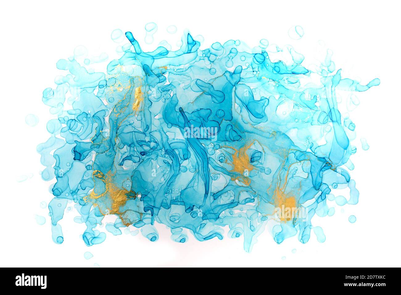 Gocce di acquerello blu trasparente disegnate a mano su sfondo bianco. Imitazione di bolle. Foto Stock