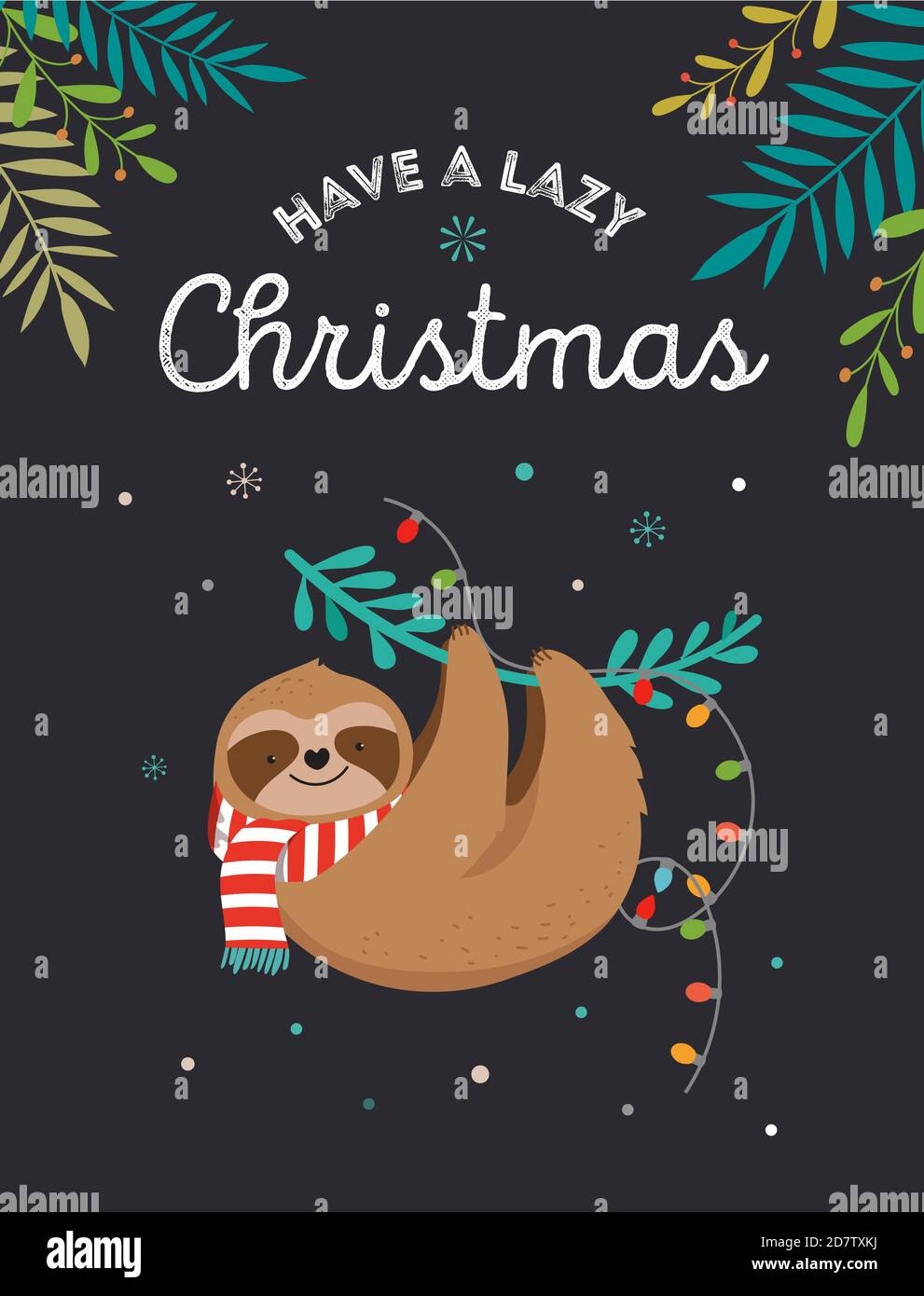 Cute sloth, divertenti illustrazioni di Natale con sciarpa di Babbo Natale - biglietti di auguri o modello di banner Illustrazione Vettoriale