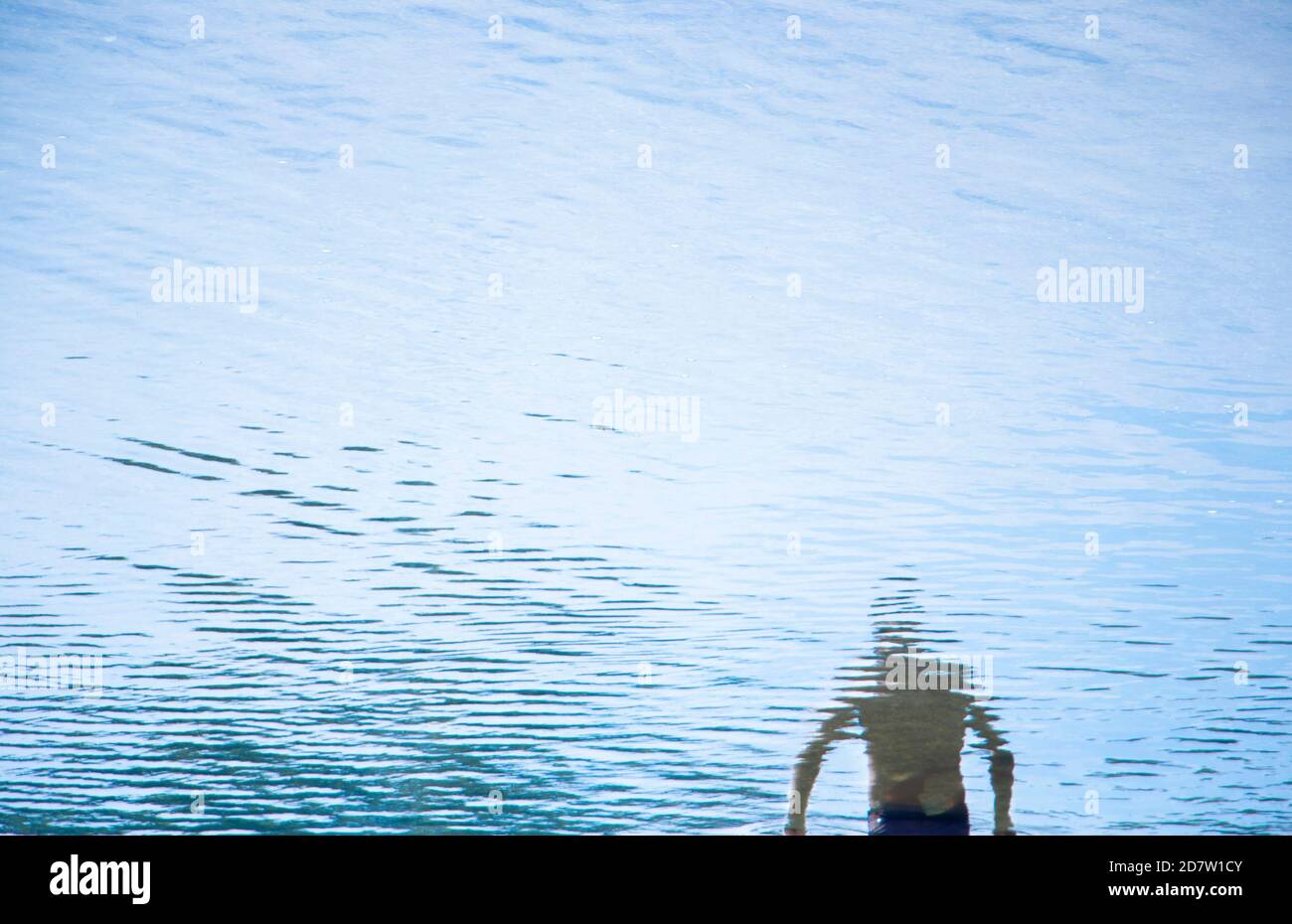 Riflessione di un uomo in piedi in acqua, andando nel flusso del fiume Foto Stock