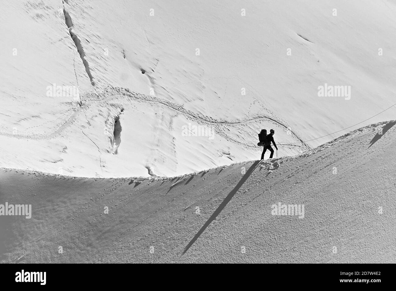 Trekking escursionisti su una dorsale innevata sulla Valle Bianca, massiccio del Monte Bianco da Aiguille du Midi 3842m, Chamonix, Francia. Immagine creativa in bianco e nero. Foto Stock