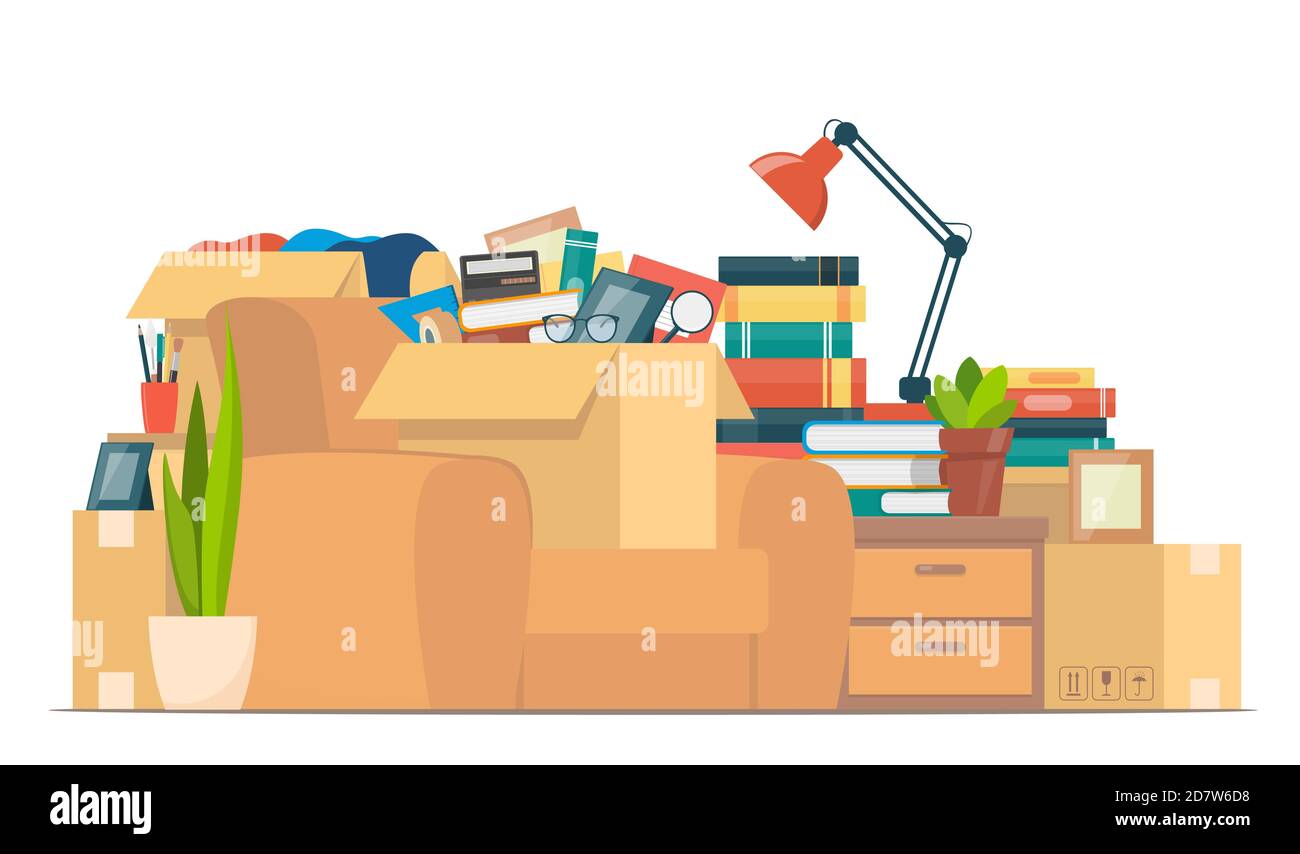 Passaggio a una nuova casa con mobili per la casa, oggetti e scatole, illustrazione vettoriale. Concetto di rilocazione, carico e mobili business.Colorful casa elementi a. Illustrazione Vettoriale