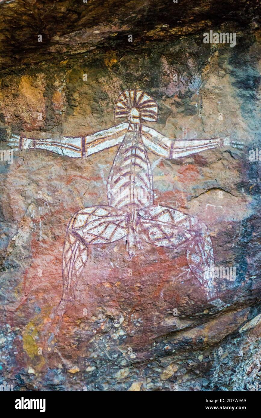 Il Lightning Man. Arte rupestre indigena nel Parco Nazionale di kakadu, Australia. Foto Stock