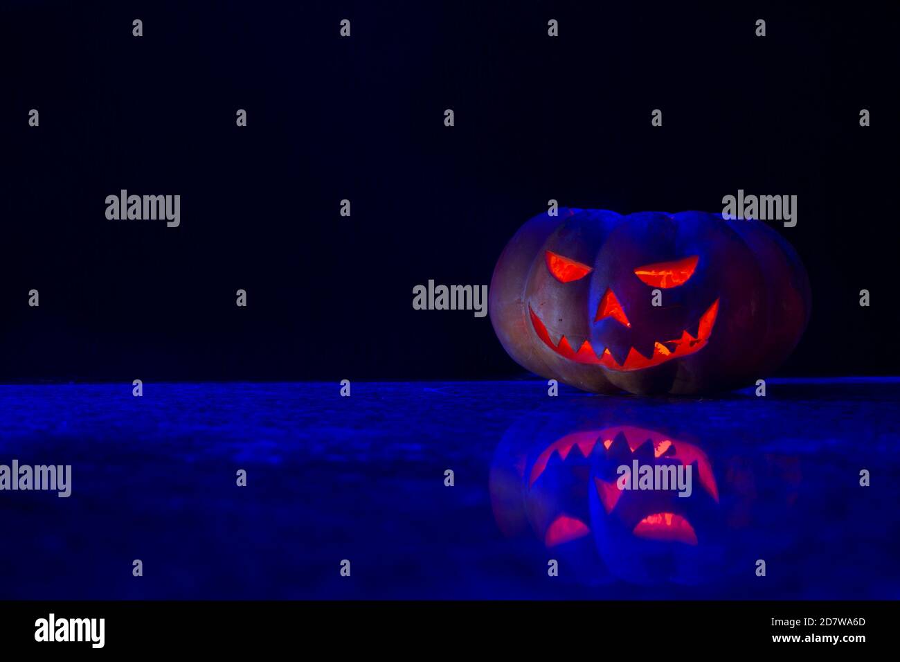 La zucca Hallowen si illumina su sfondo scuro con luce blu. Foto Stock