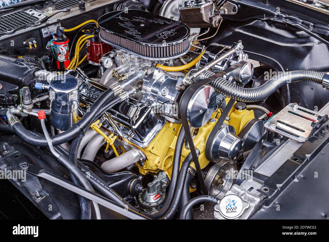 Miami Florida, Coral Gables Miracle Mile mostra di auto classica, automobile Pontiac Firebird motore, Foto Stock