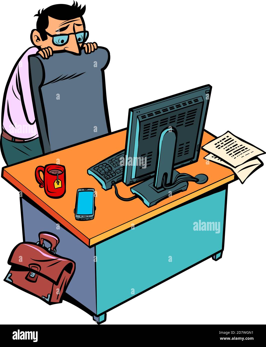 un uomo d'affari uomo timido e spaventato lavora in un ufficio luogo di lavoro in un computer Illustrazione Vettoriale