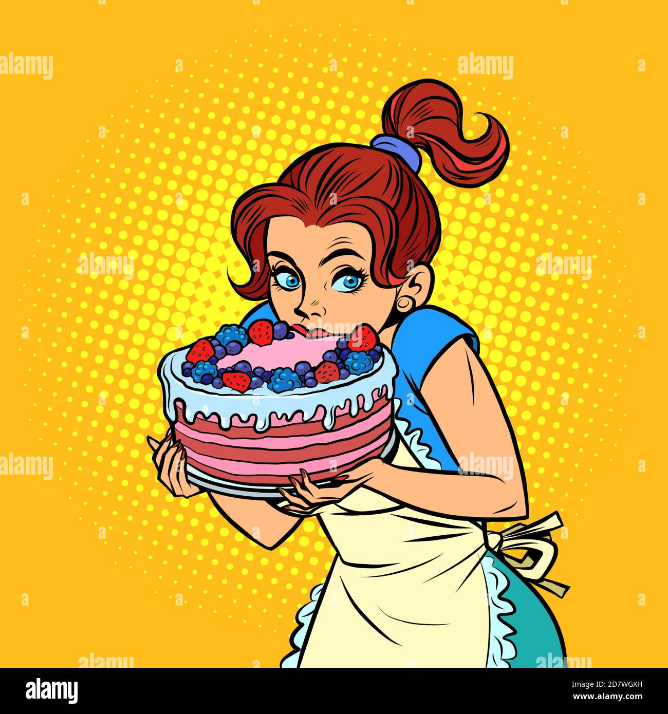 Bella giovane donna che mangia torta. Dolci e torte Illustrazione Vettoriale