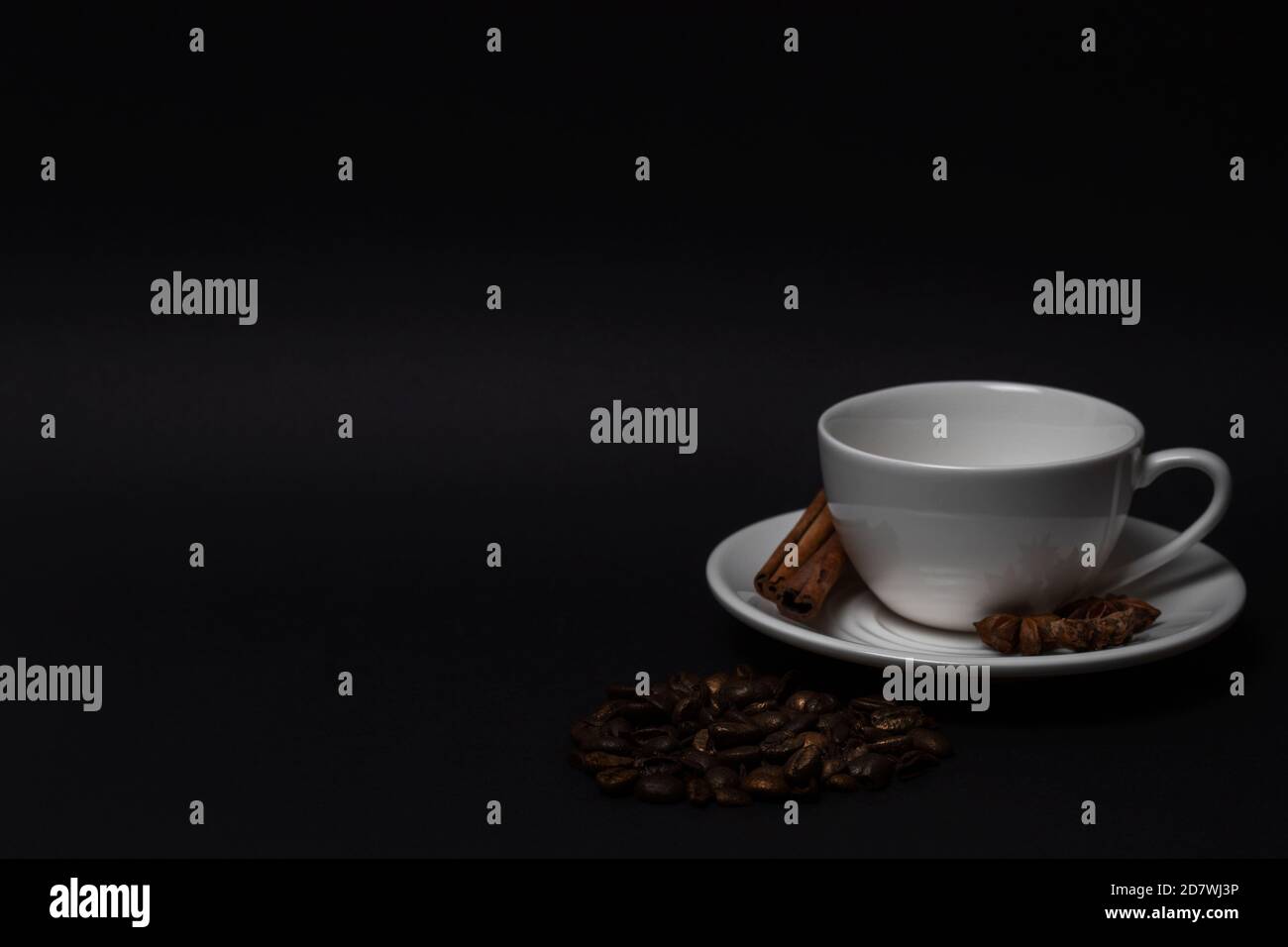 Tazza bianca vuota e piattino, chicchi di caffè, bastoncini di cannella, anice su fondo nero Foto Stock