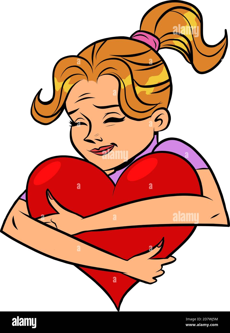 Ragazza in amore abbraccia cuore rosso Illustrazione Vettoriale