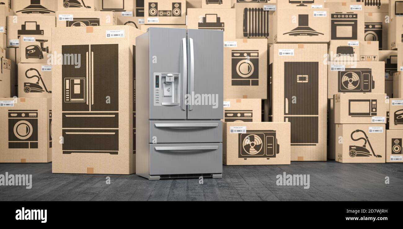Frigorifero in magazzino con elettrodomestici ed elettronica da cucina in  scatole. Acquisto, acquisto e consegna online. illustrazione 3d Foto stock  - Alamy