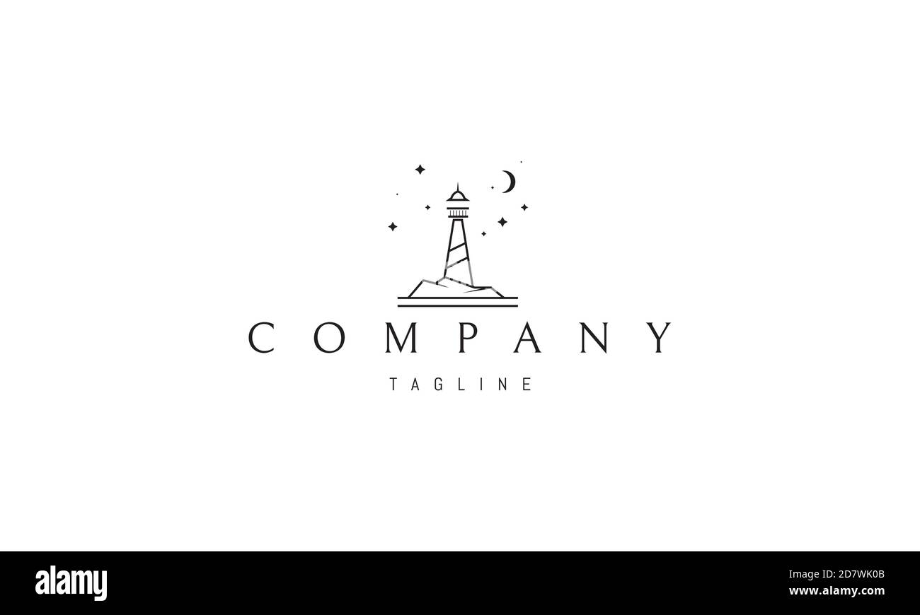 Logo vettoriale su cui un'immagine astratta di un faro su una roccia sullo sfondo del cielo stellato. Illustrazione Vettoriale