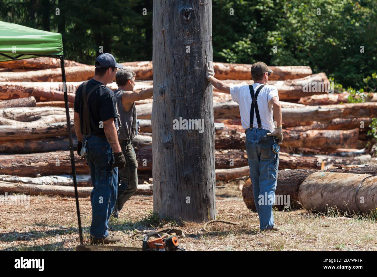 Prospect, Oregon / USA - 16 agosto 2014: Tre concorrenti al Prospect Hillbilly Jamboree e Timber Carnival stand by e guardare l'evento in Pr Foto Stock