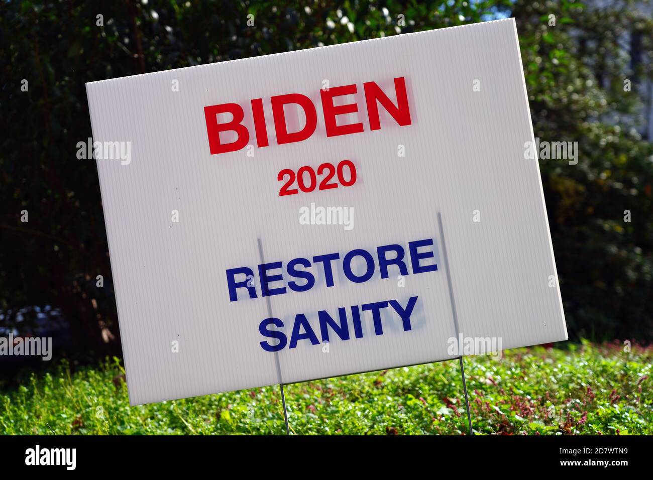 PRINCETON, NJ -23 OTT 2020- Vista di un segno democratico Biden Restore Sanity durante la campagna elettorale presidenziale del 2020 negli Stati Uniti. Foto Stock
