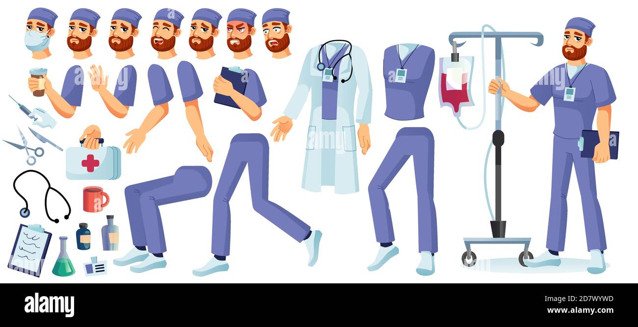 Set di creazione di personaggi animati medico chirurgo Illustrazione Vettoriale