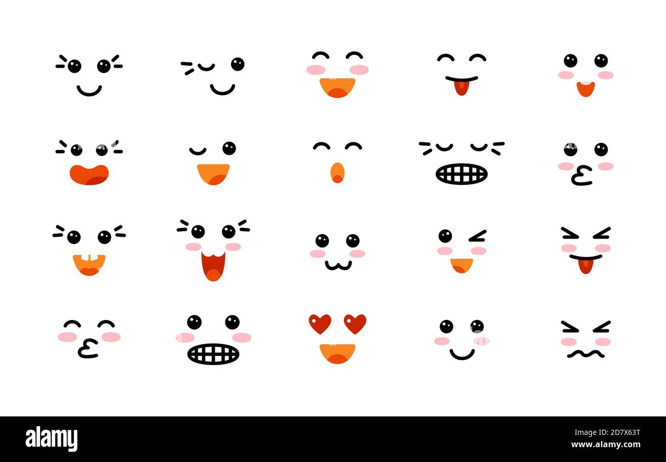Kawaii simpatico sorriso emoticon, cartoon volti set. Facce di espressione, stile anime giapponese. Occhi e bocche stile manga personaggio ANIME. Illustrazione vettoriale Illustrazione Vettoriale