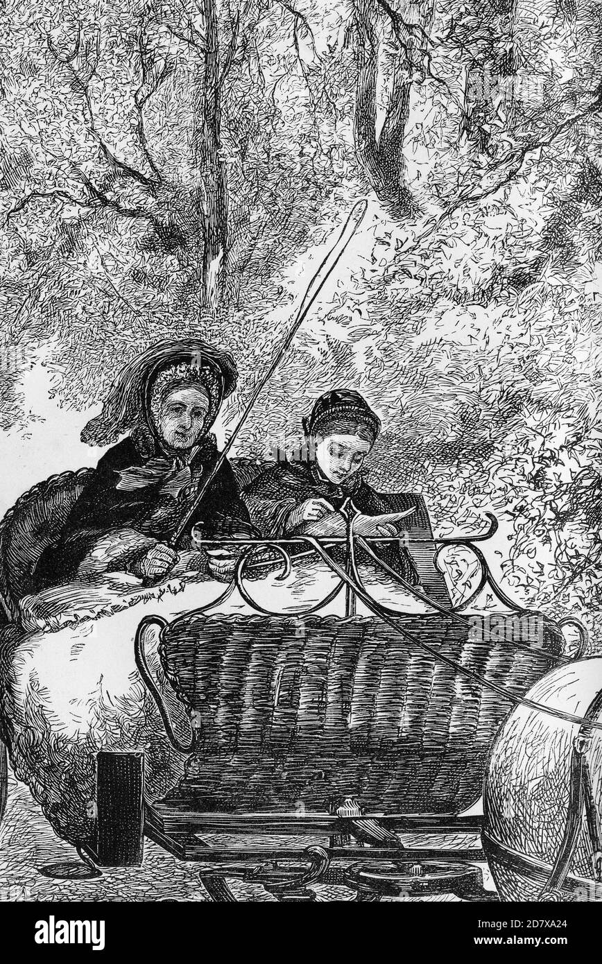 Incisione di una vecchia signora che guida un buggy mentre il suo giovane compagno legge un libro. Foto Stock