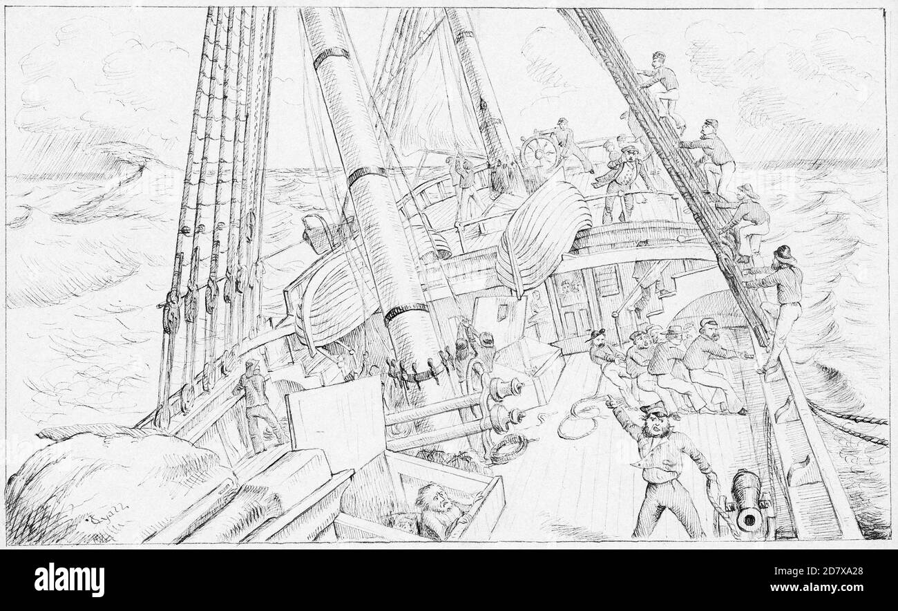Disegno a matita dei marinai che si trovano a fronteggiare una tempesta in mare sulla loro nave a vela nel 1800. Disegno originale di Charles Lyall intorno al 1854.. Foto Stock