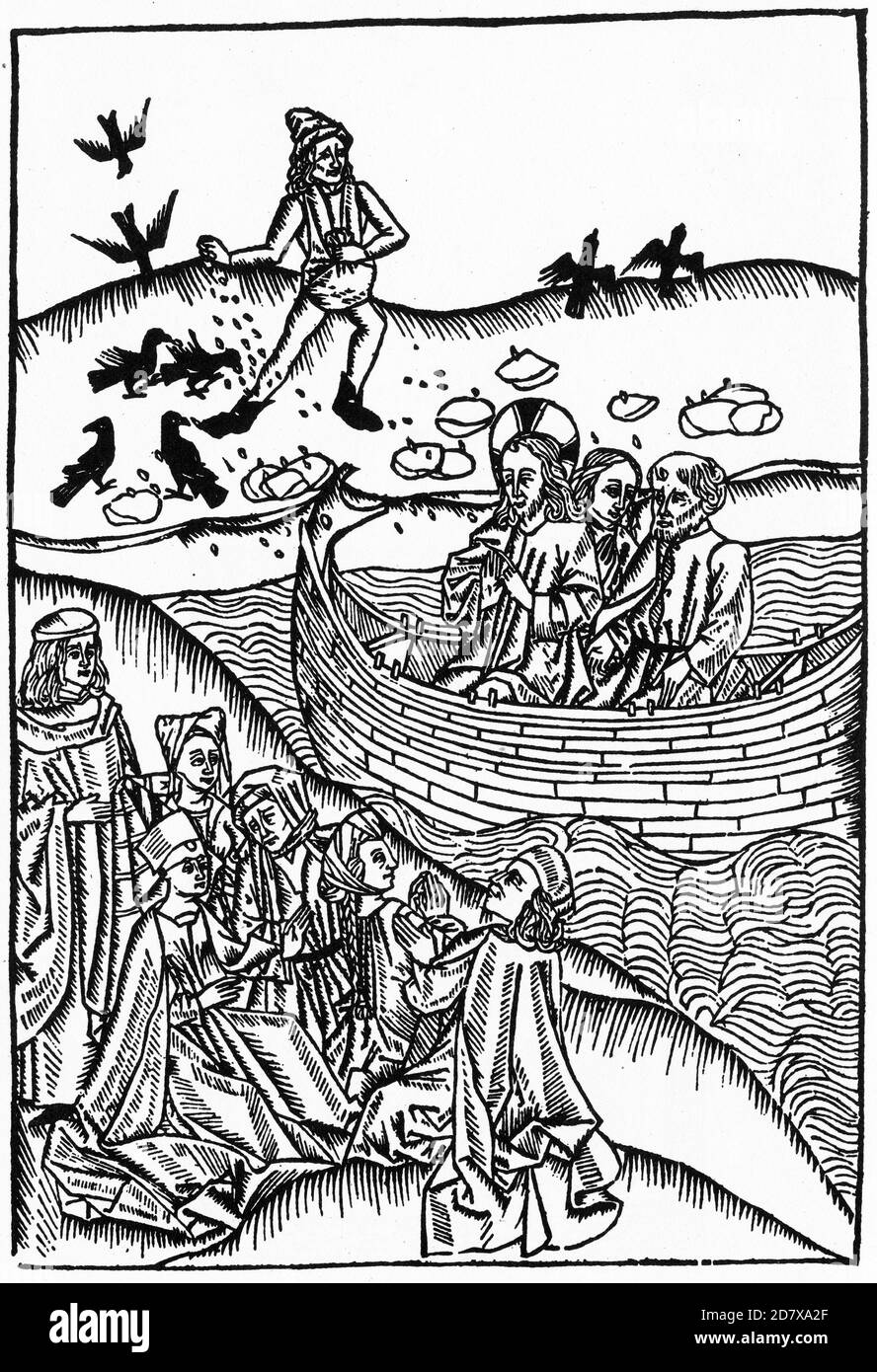 Taglio medievale di legno di Gesù che predica dalla nave, mentre il seminatore sta seminando seme sullo sfondo, probabilmente del 1400 Foto Stock