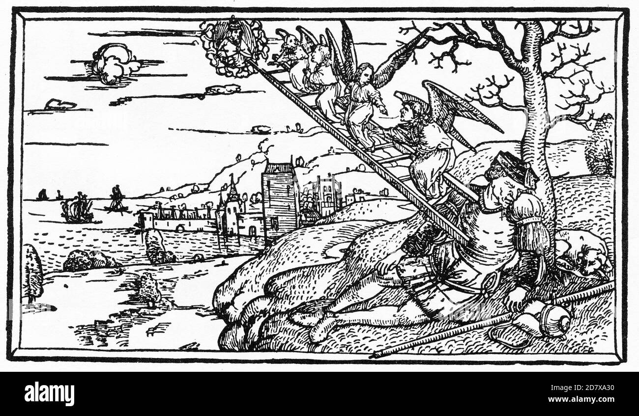 Taglio di legno medievale della visione di Giacobbe della scala al cielo, probabilmente dal 1400. Foto Stock