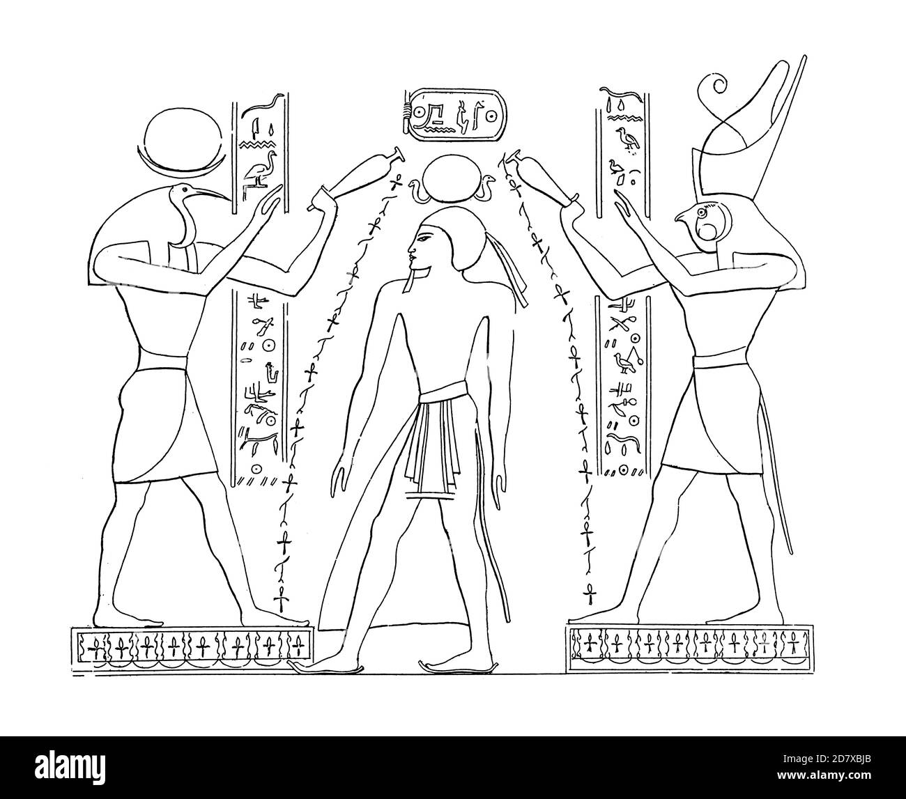 Incisione antica raffigurante pittura di Thoth, Ramesses i e Horus a Luxor, Egitto. Illustrazione pubblicata in Systematischer Bilder Atlas - Bauwesen, Foto Stock