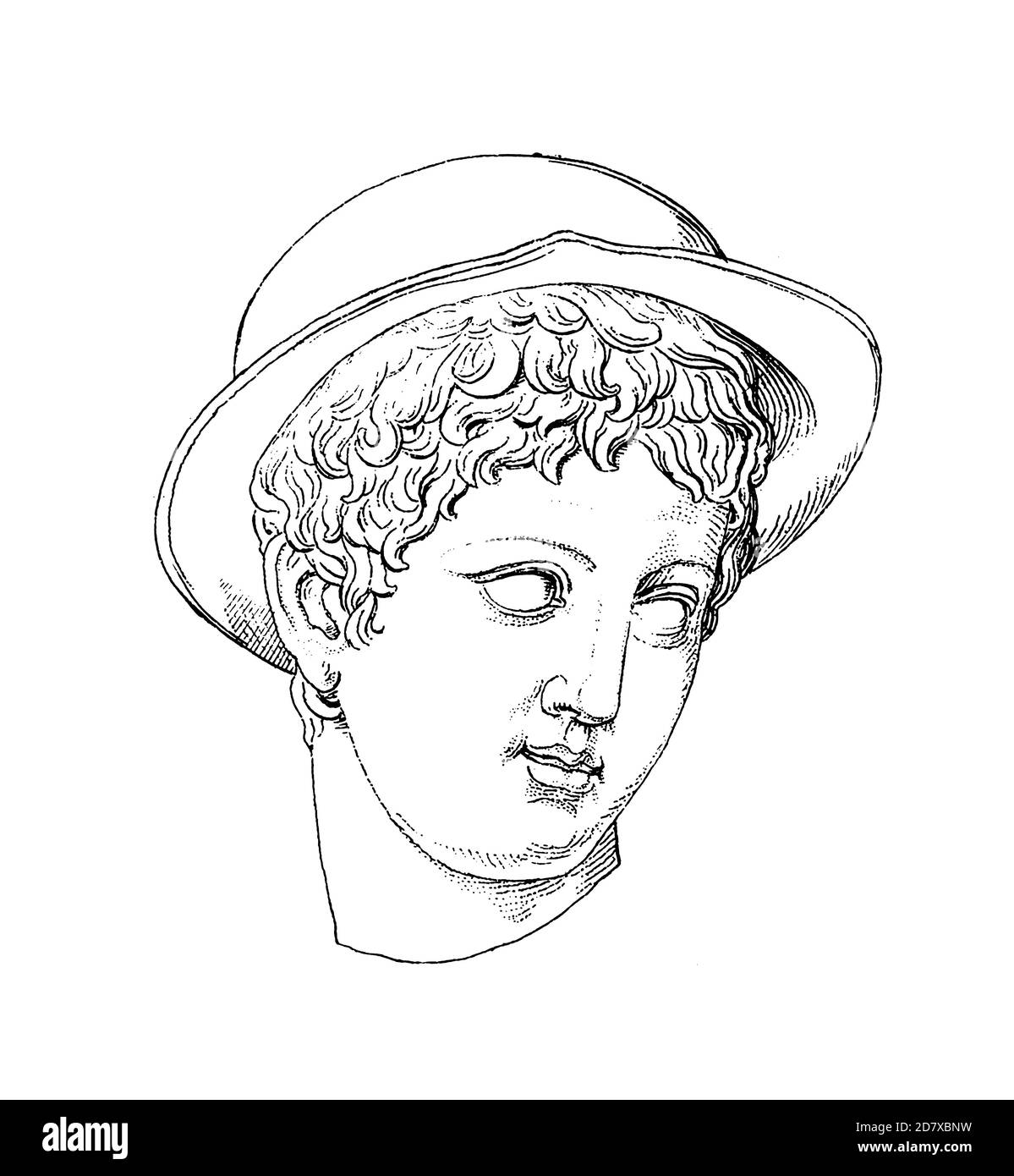 Antica incisione del XIX secolo raffigurante la testa di Hermes. Illustrazione pubblicata in Systematischer Bilder Atlas - Bauwesen, Ikonographische Encyklopedie Foto Stock