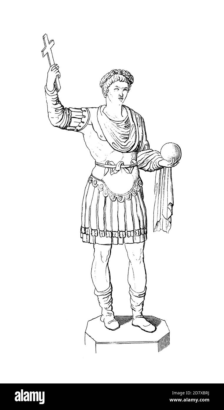 Antica illustrazione raffigurante la statua di Costantino il Grande, imperatore romano dal 306 al 337, che si convertì al cristianesimo. Incisione pubblicata in S. Foto Stock