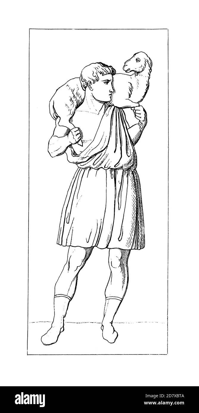 Antica illustrazione del XIX secolo di Gesù Cristo, il buon Pastore. Incisione pubblicata su Systematischer Bilder Atlas - Bauwesen, Ikonographische E. Foto Stock