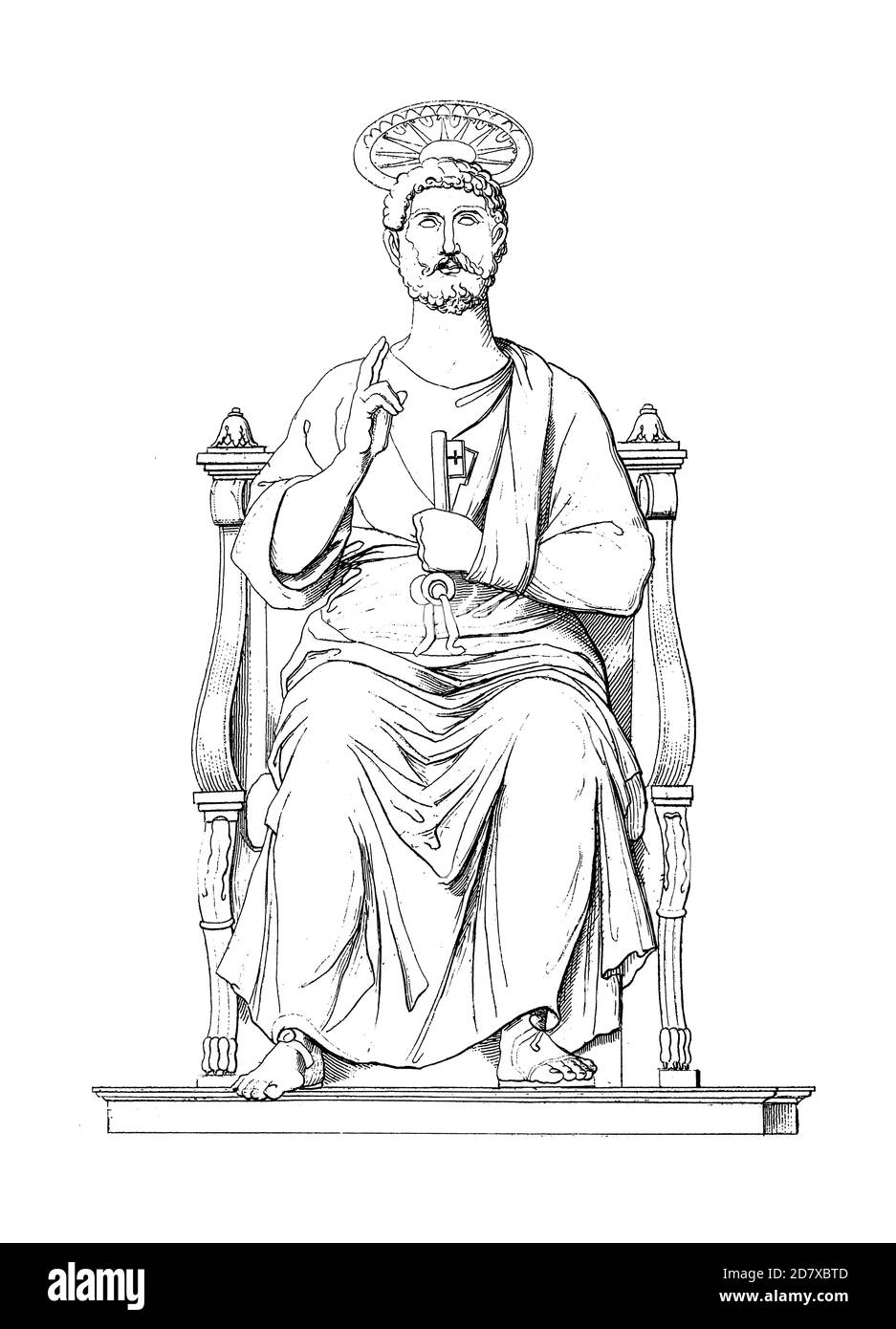 Antica illustrazione della statua di San Pietro nella Basilica di San Pietro a Roma. Incisione pubblicata su Systematischer Bilder Atlas - Bauwese Foto Stock