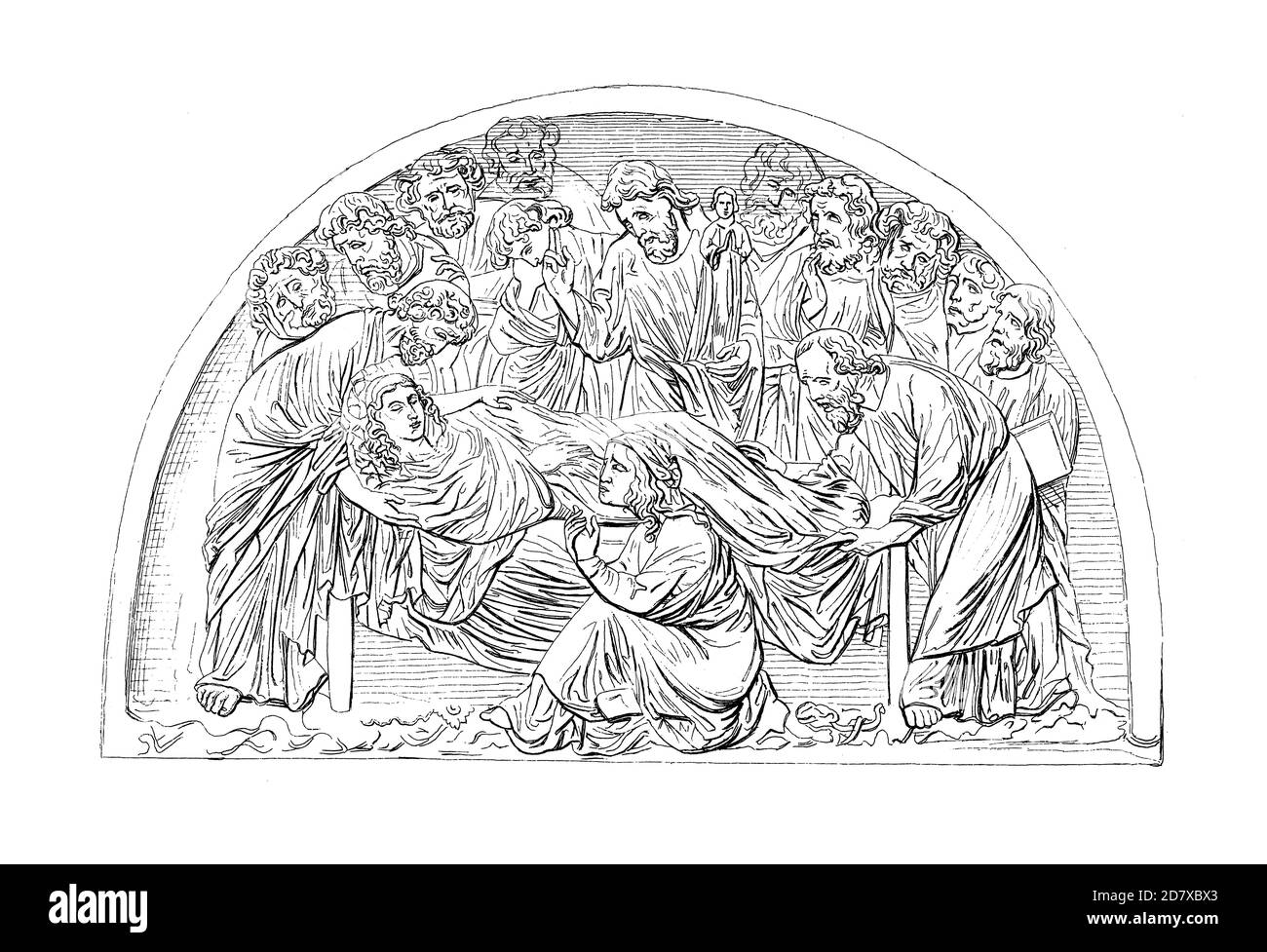 Incisione antica raffigurante la scultura la morte della Vergine nella Cattedrale di Strasburgo in Francia. Illustrazione pubblicata in Systematischer B. Foto Stock Incisione antica raffigurante la scultura la morte della Vergine nella Cattedrale di Strasburgo in Francia. Illustrazione pubblicata in Systematischer B. Foto Stock