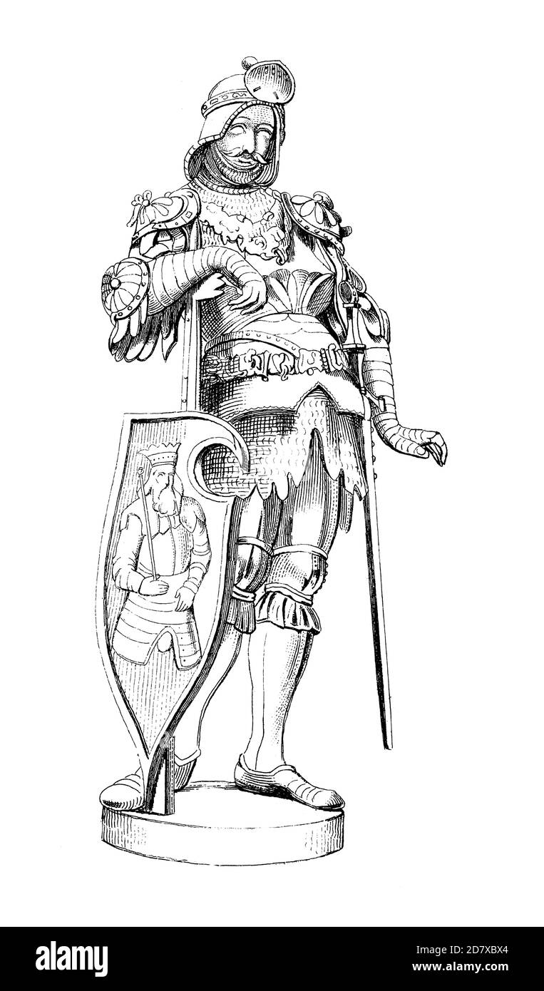 Illustrazione del XIX secolo raffigurante la scultura di Teodorico, Re dei Goti di Pietro Vischer il Vecchio dal monumento dell'imperatore Massimiliano i in Foto Stock