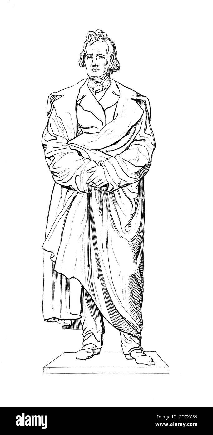 Antica illustrazione raffigurante la statua di Christian Daniel Rauch di Friedrich Drake. Incisione pubblicata su Systematischer Bilder Atlas - Bauwesen, Iko Foto Stock