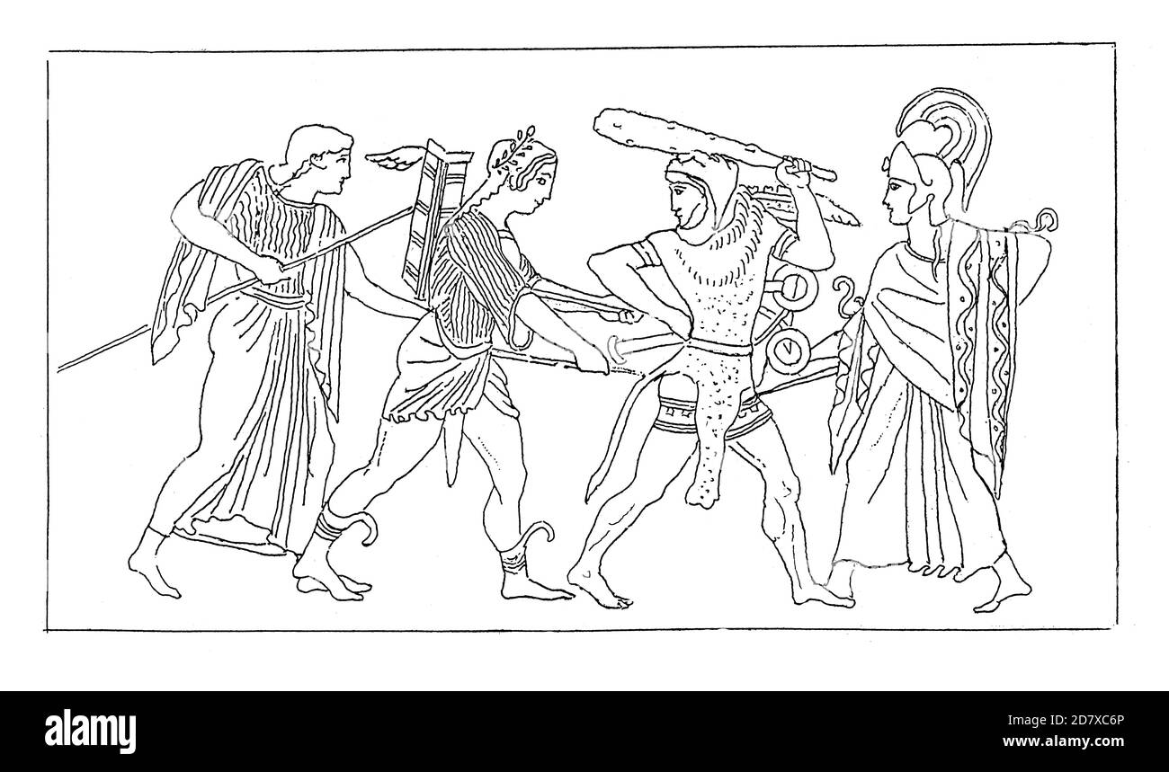 Incisione antica della pittura greca di vaso. Illustrazione pubblicata in Systematischer Bilder Atlas - Bauwesen, Ikonographische Encyklopedie der Wissensc Foto Stock Incisione antica della pittura greca di vaso. Illustrazione pubblicata in Systematischer Bilder Atlas - Bauwesen, Ikonographische Encyklopedie der Wissensc Foto Stock