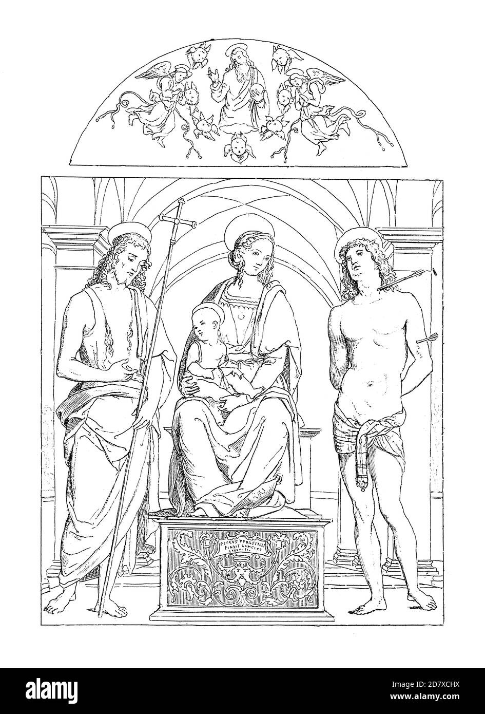 Incisione ottocentesca raffigurante Madonna con San Giovanni Battista e San Sebastiano, dipinto di Pietro Perugino. Illustrazione pubblicata in Systemati Foto Stock