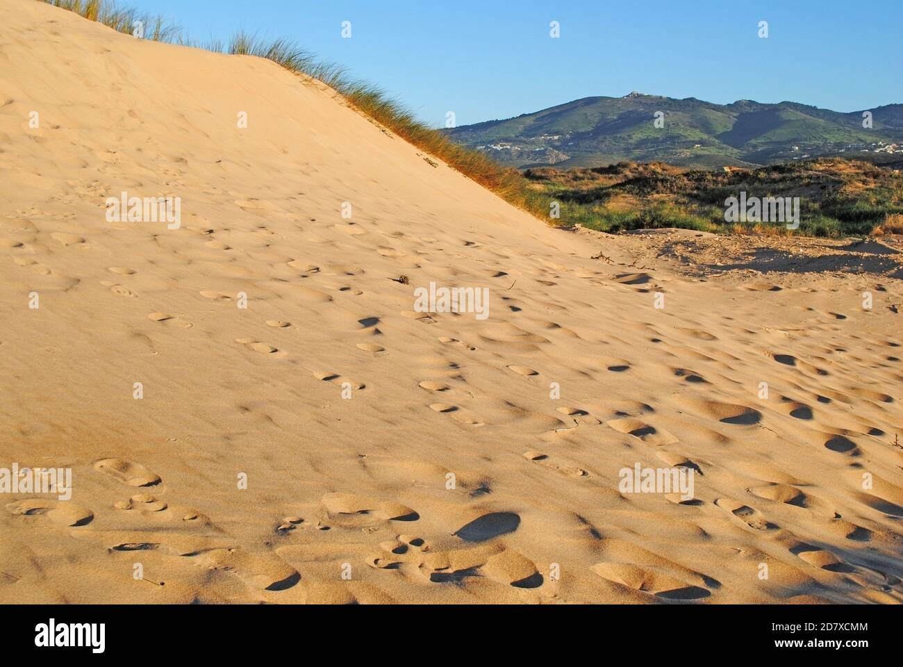 Dune di sabbia con le colline di Sintra sullo sfondo visto dal sistema delle dune di Cresmina, Guincho, Portogallo Foto Stock