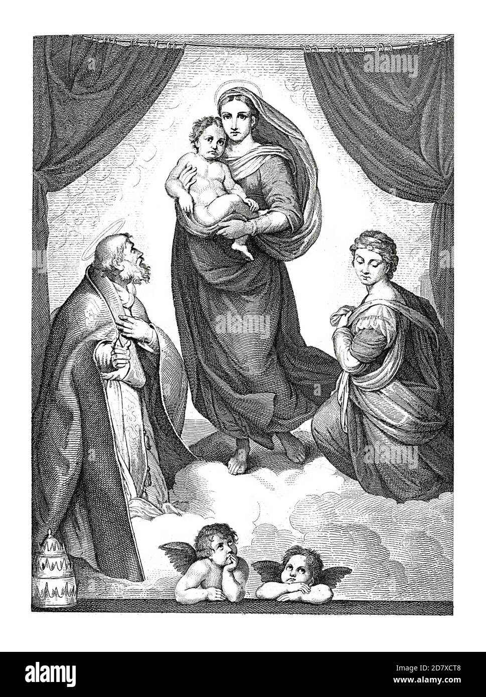 Antica illustrazione ottocentesca raffigurante la Madonna Sistina, dipinto ad olio di Raffaello (finito ca. 1513-1514). Incisione pubblicata su Systematischer B. Foto Stock Antica illustrazione ottocentesca raffigurante la Madonna Sistina, dipinto ad olio di Raffaello (finito ca. 1513-1514). Incisione pubblicata su Systematischer B. Foto Stock