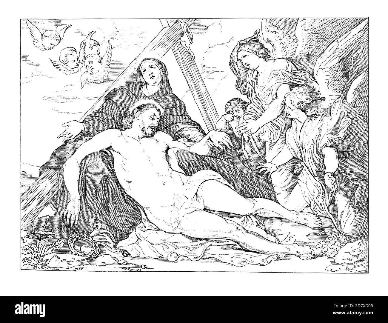Antica incisione di deposizione della Croce, pittura di Anthony van Dyck. Illustrazione pubblicata in Systematischer Bilder Atlas - Bauwesen, Ikonog Foto Stock
