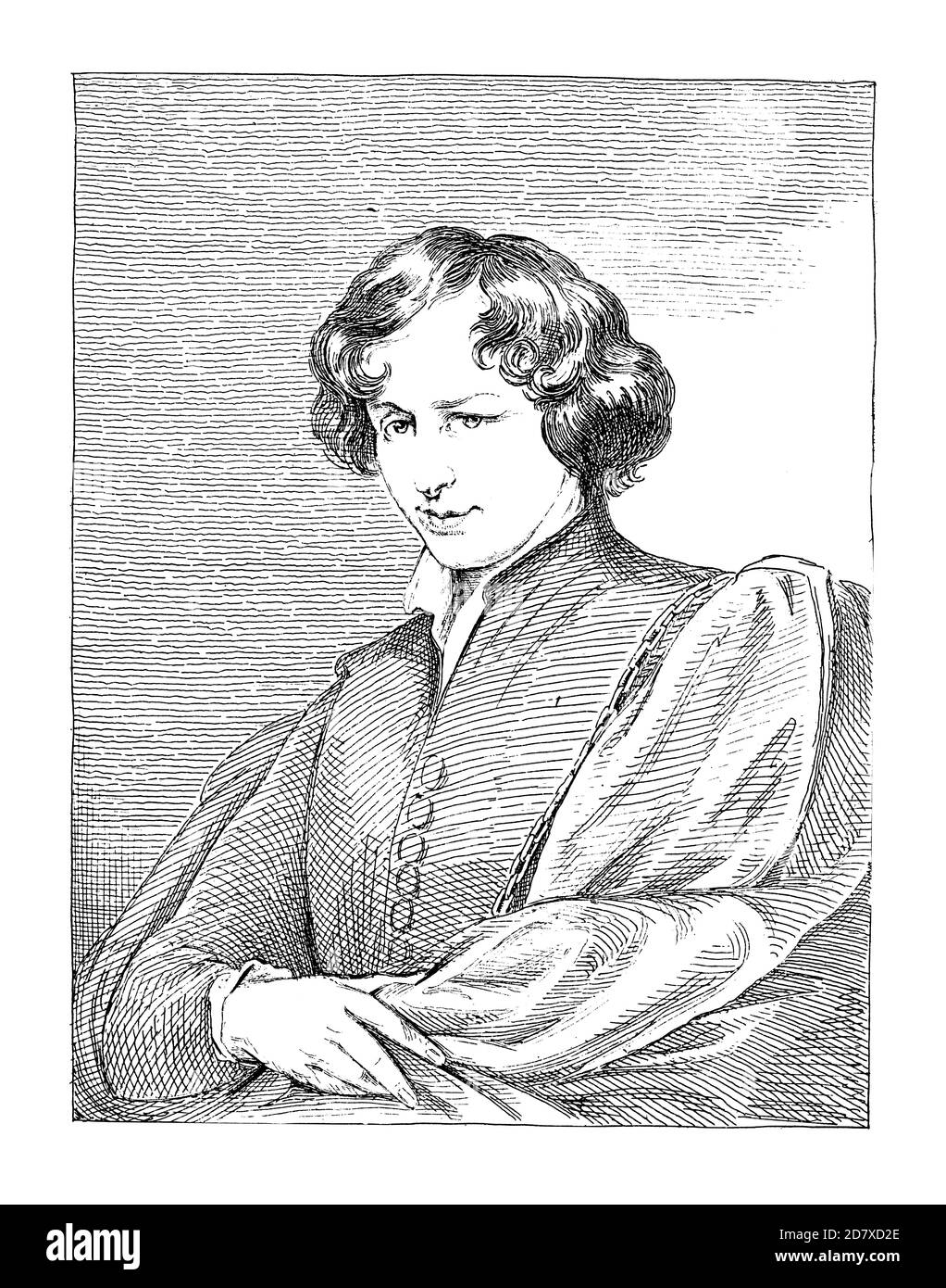Antica illustrazione del XIX secolo raffigurante un autoritratto di Anthony van Dyck. Incisione pubblicata su Systematischer Bilder Atlas - Bauwesen, Ikonogra Foto Stock