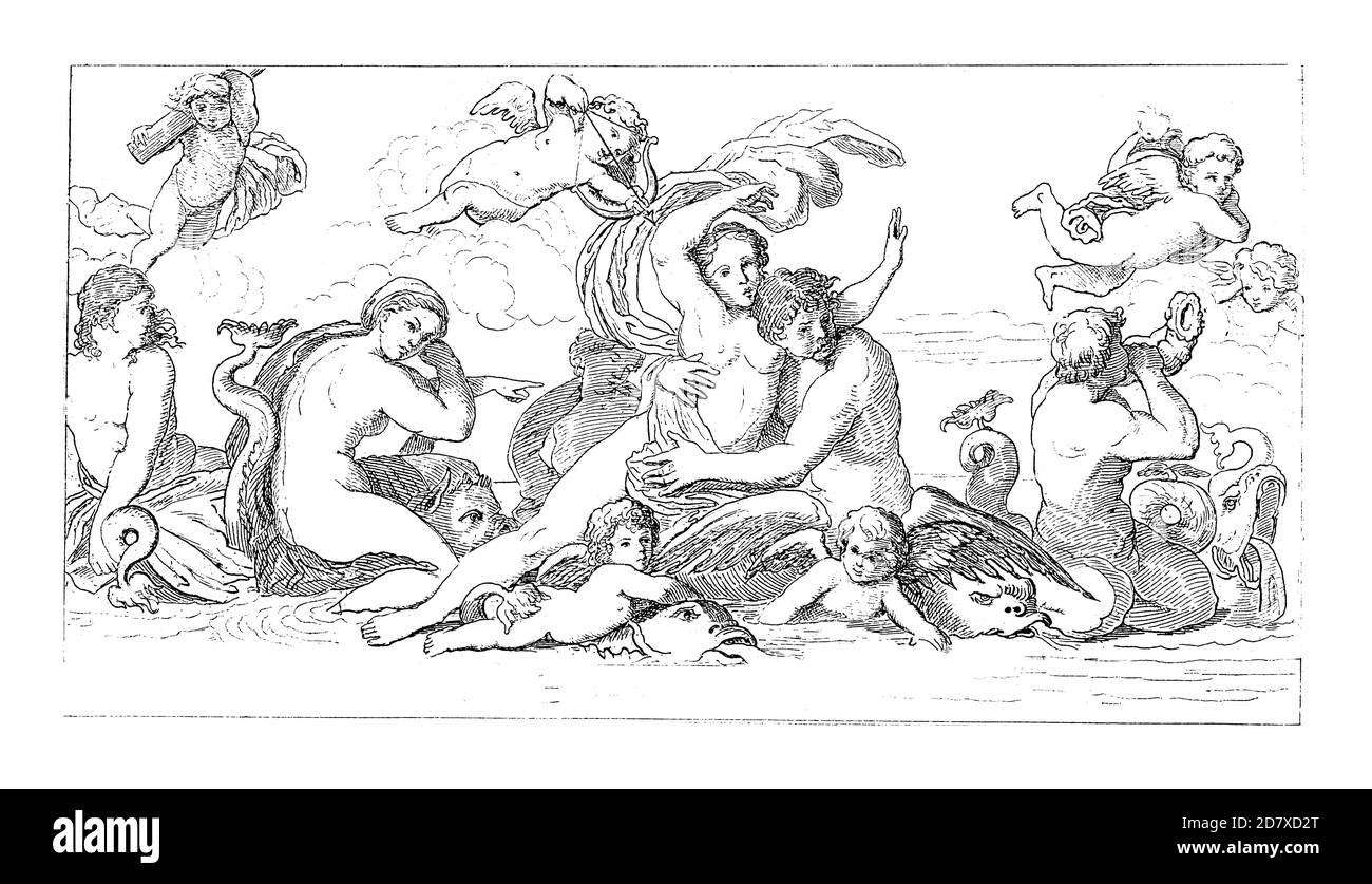 Antica illustrazione del XIX secolo raffigurante Galatea, dipinto di Annibale Carracci. Incisione pubblicata su Systematischer Bilder Atlas - Bauwesen, Iko Foto Stock Antica illustrazione del XIX secolo raffigurante Galatea, dipinto di Annibale Carracci. Incisione pubblicata su Systematischer Bilder Atlas - Bauwesen, Iko Foto Stock