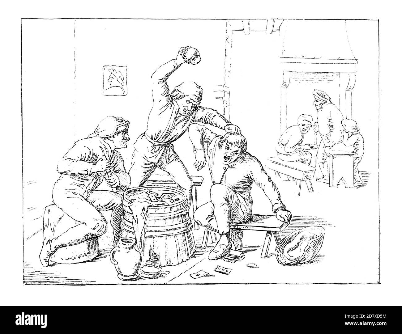 Illustrazione del XIX secolo raffigurante contadini Brawling, dipinto da Adriaen Brouwer. Nato nel 1605 a Oudenaarde, in Belgio, morì nel gennaio 16 Foto Stock