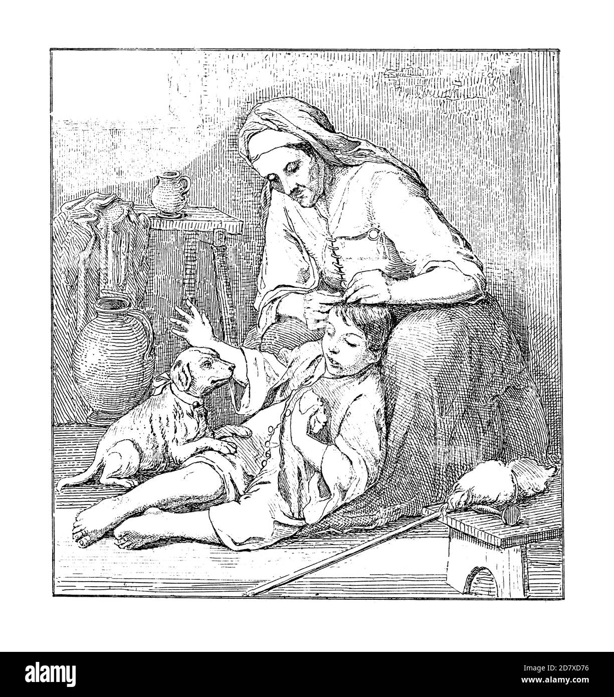 Antica incisione raffigurante la Toilette, dipinto di Bartolome Esteban Murillo. È nato il 31 dicembre 1617 a Siviglia, in Spagna, e morì il mese di aprile Foto Stock