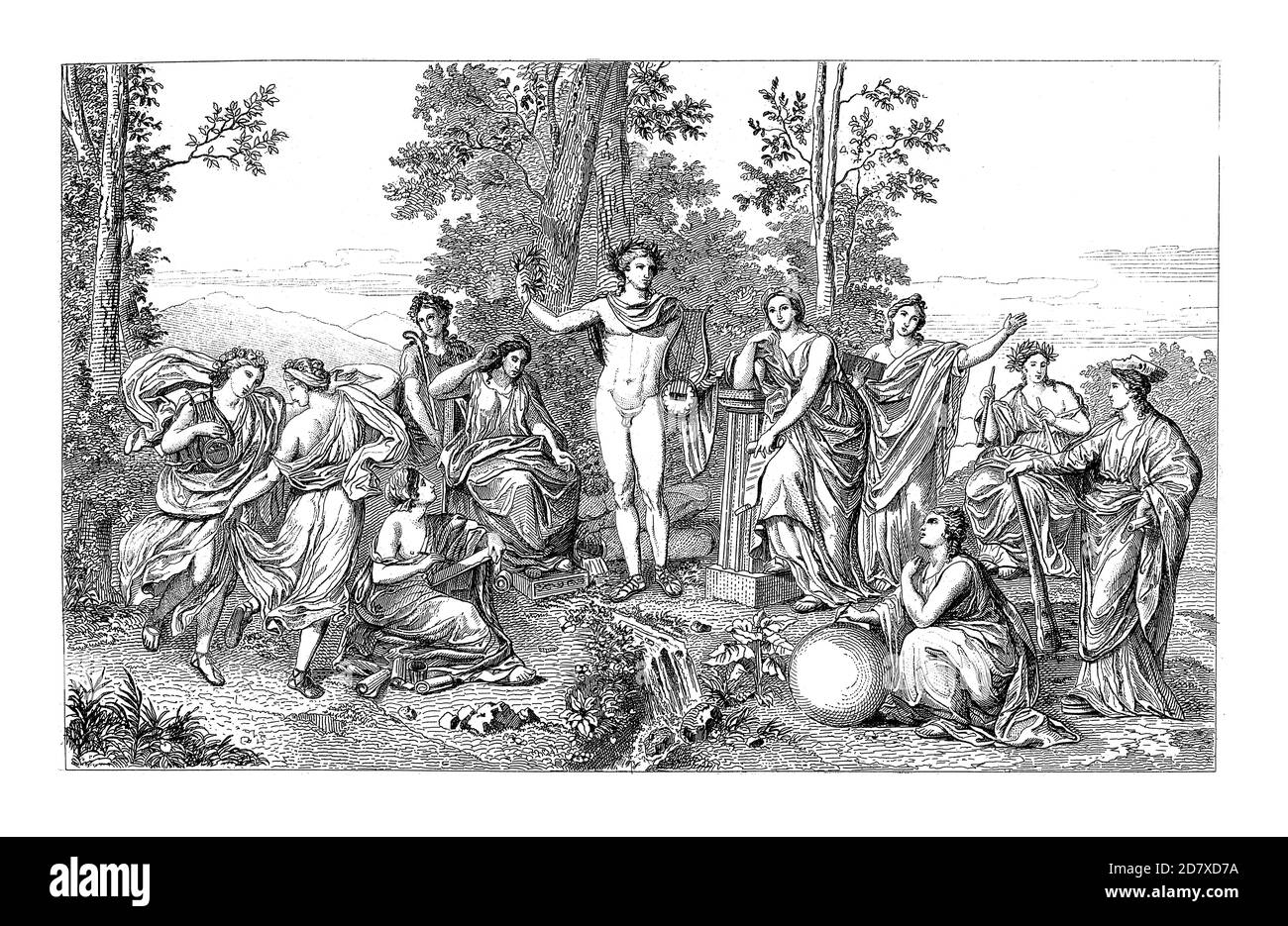 Antica illustrazione del XIX secolo raffigurante Apollo e le Muse sul Monte Parnaso, dipinto di Anton Raphael Mengs (datato 1755). È nato su Marc Foto Stock