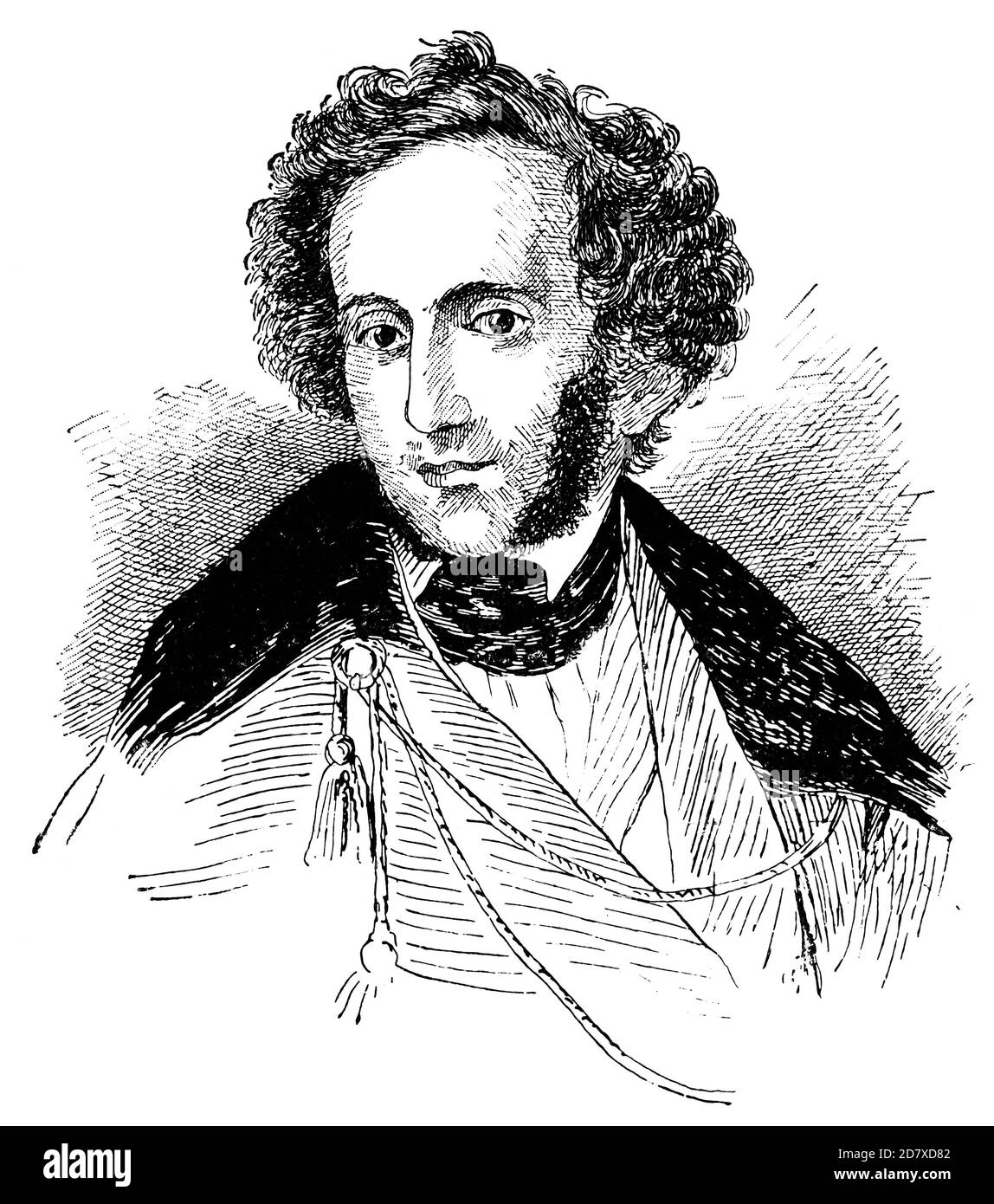 Ritratto di Felix Mendelssohn - compositore, pianista, organista e direttore d'orchestra tedesco del primo periodo romantico. Illustrazione del 19 ° secolo. Sfondo bianco. Foto Stock