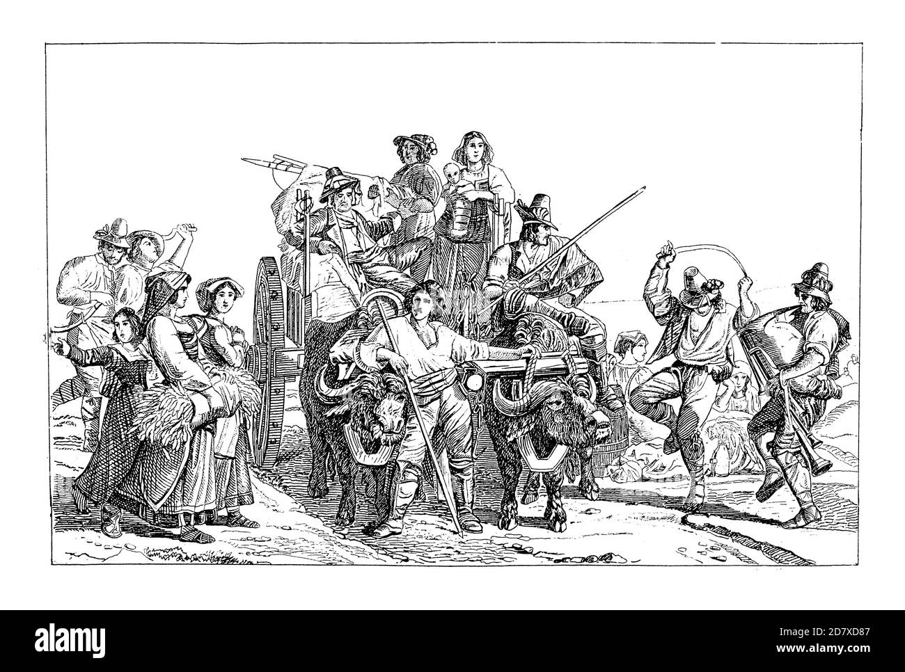 Incisione del XIX secolo raffigurante l'arrivo dei contadini alle paludi Pontine, dipinto di Louis-Leopold Robert. È nato il 13 maggio 1794 a la Chaux Foto Stock