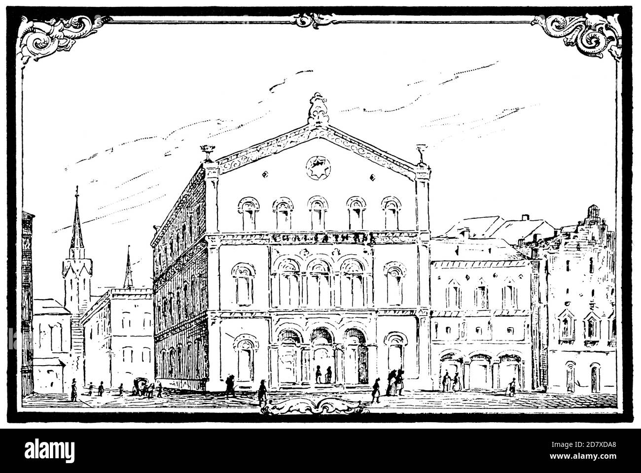 Esterno del Thalia Theatre (Amburgo). Illustrazione del 19 ° secolo. Sfondo bianco. Foto Stock