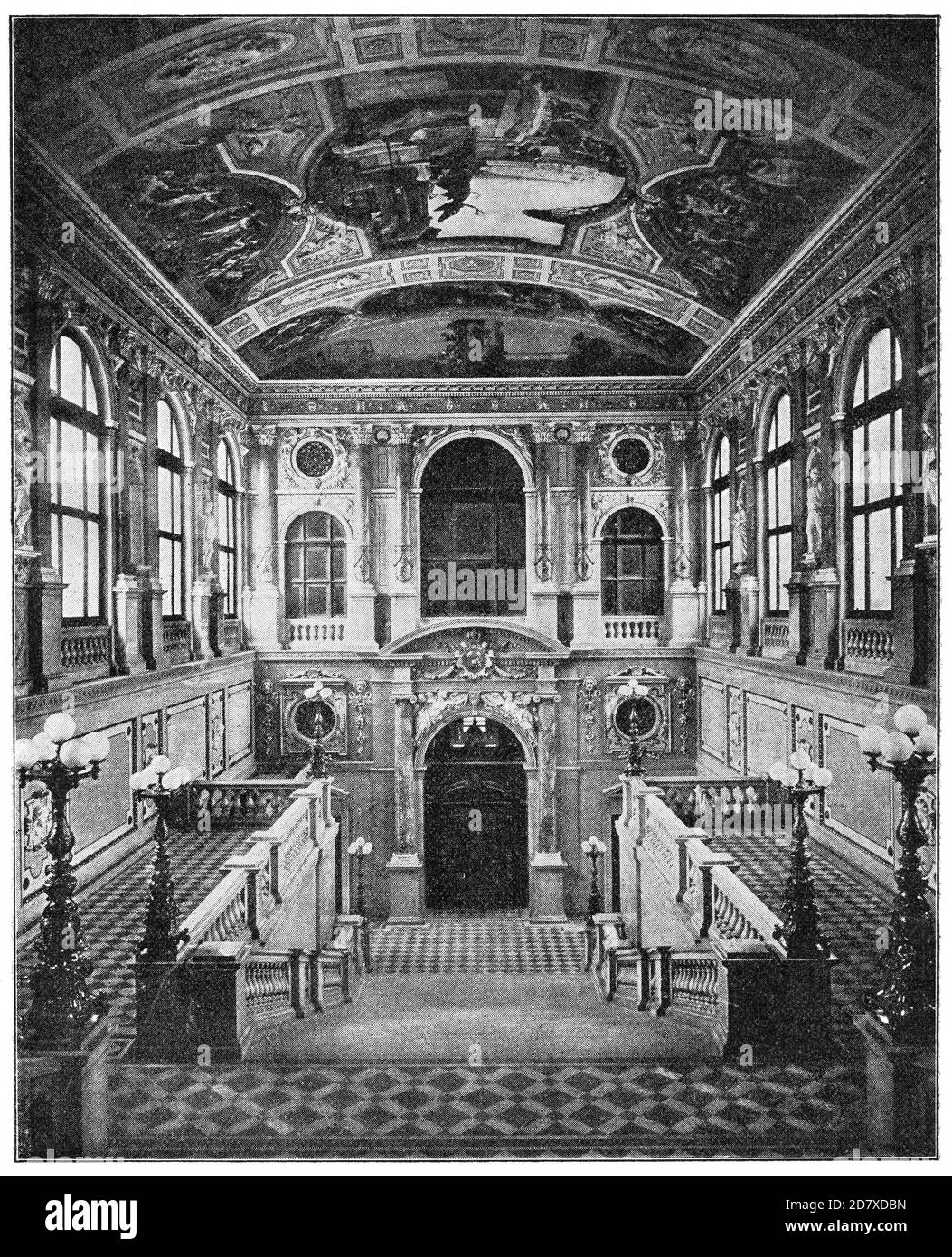 Interno dell'ingresso principale e scala principale in Burgtheater (dopo il 1888) a Vienna, Austria. Illustrazione del 19 ° secolo. Sfondo bianco. Foto Stock