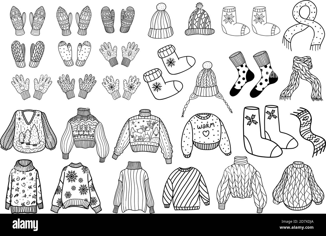 Collezione di abbigliamento invernale a maglia. Clothig invernale in lana lavorato a maglia. Illustrazione vettoriale in stile Doodle Illustrazione Vettoriale