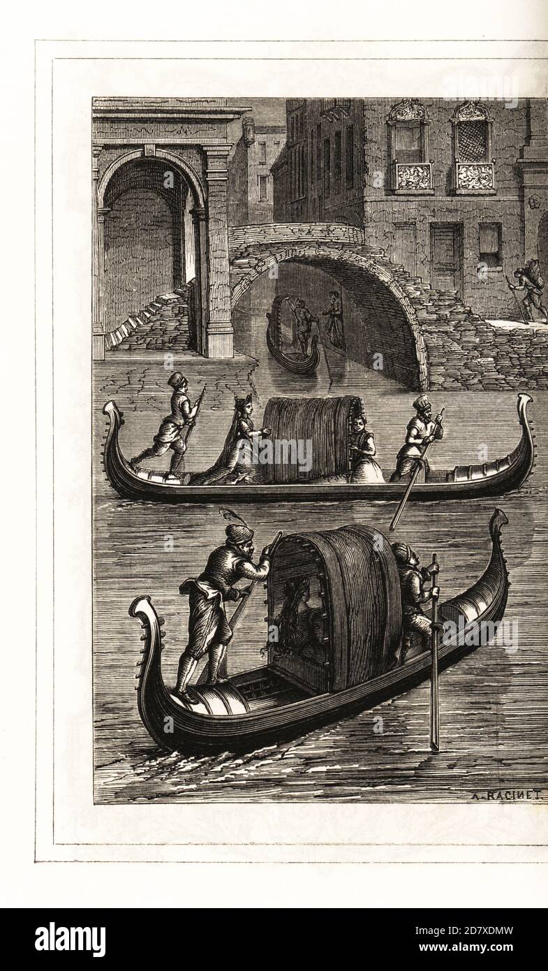 Gondole sui canali di Venezia, XVI secolo. Le barche sono coperte di serge nero e sono dotate di sedili rivestiti in pelle. Due gondolieri con remi in livrea. Incisione di blocchi di legno di A. Racinet dopo un taglio di legno di Christoph Krieger dai costumi di Cesare Vecellio del XVI secolo anciens et modernes, Habiti antichi et moderni di tutto il mondo, Firman Didot Ferris Fils, Parigi, 1859-1860. Foto Stock