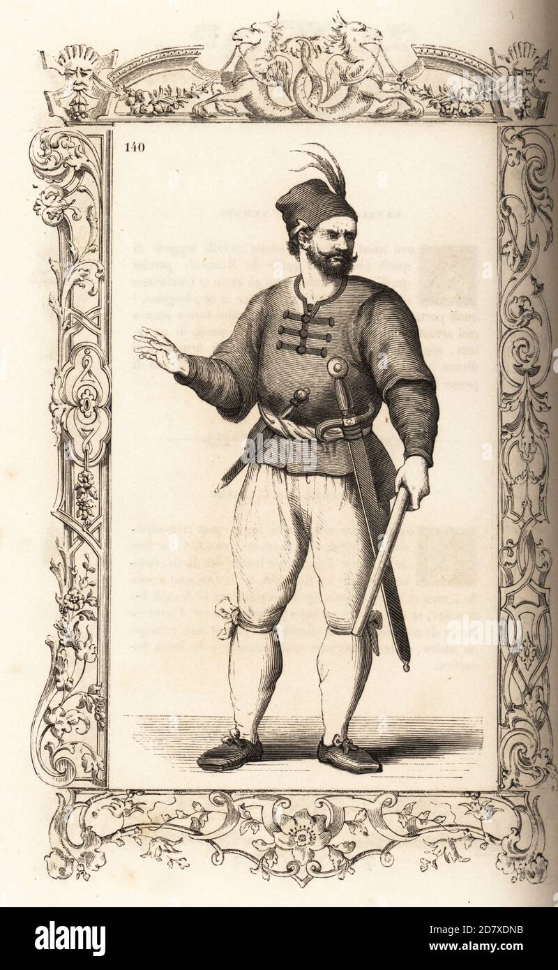 Marinaio su una cucina veneziana, 16 ° secolo. Indossa un cofano rosso con pennacchio, giacca buricchietto senza colletto, culotte e scarpe. I marines di galley erano per lo più greci o slavi. All'interno di una cornice decorativa incisa da H. Catenacci e Fellmann. Incisione di blocchi di legno di Gerard Seguin e E.F. Huyot dopo un taglio di legno di Christoph Krieger dai costumi di Cesare Vecellio del XVI secolo anciens et modernes, Habiti antichi et moderni di tutto il mondo, Firman Didot Ferris Fils, Parigi, 1859-1860. Foto Stock